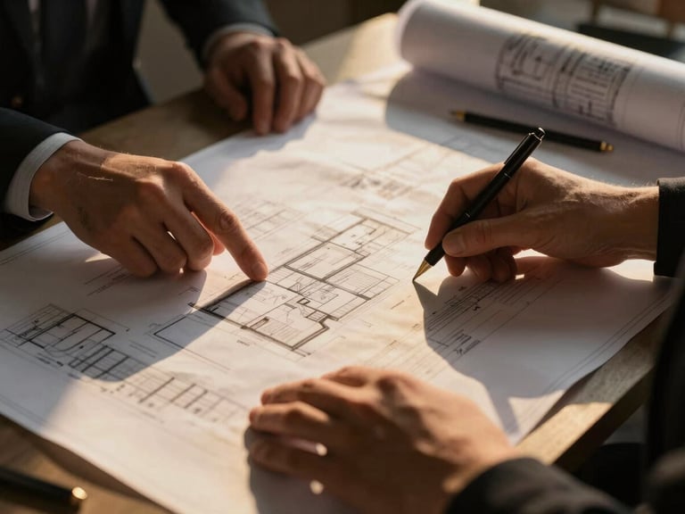 Close-up of hands reviewing architectural blueprints on a desk, golden hour lighting, professional regional workspace, 35mm lens, deep shadows.