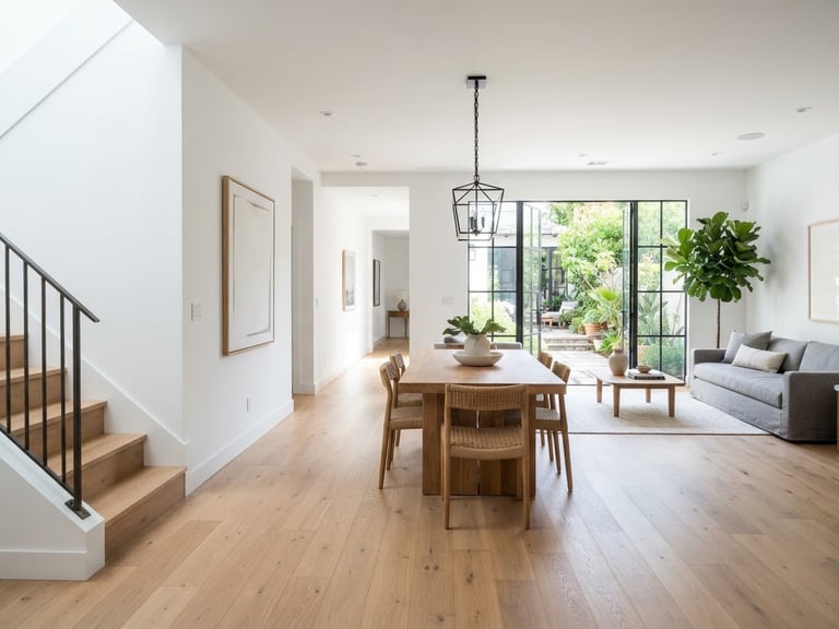Crisp architectural photography of a freshly renovated home interior with clean paint lines and hardwood flooring, bright natural daylight, sharp focus, 35mm lens