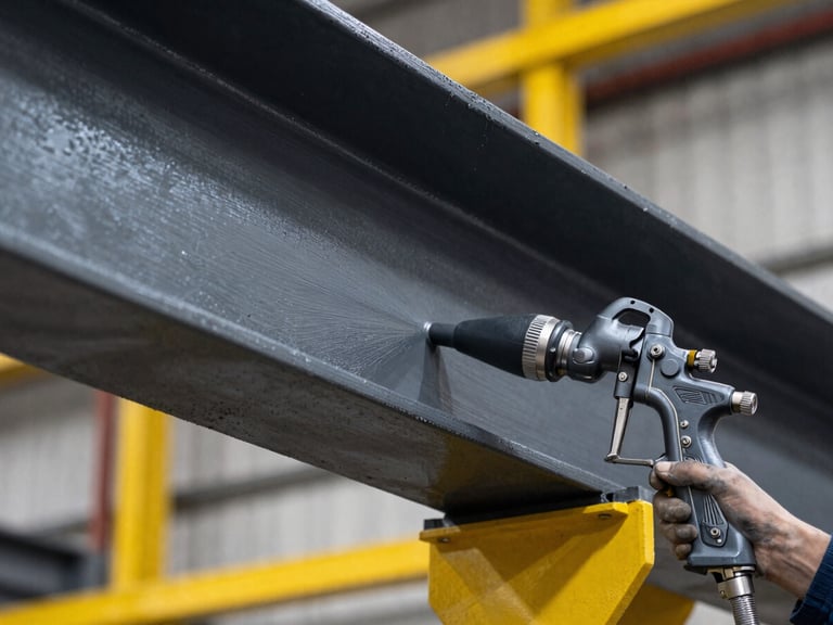 Macro shot of a heavy-duty industrial airless spray gun applying a flawless uniform charcoal grey protective coating onto a massive structural steel beam, high-contrast dramatic lighting, safety yellow accents, industrial documentary photography style.