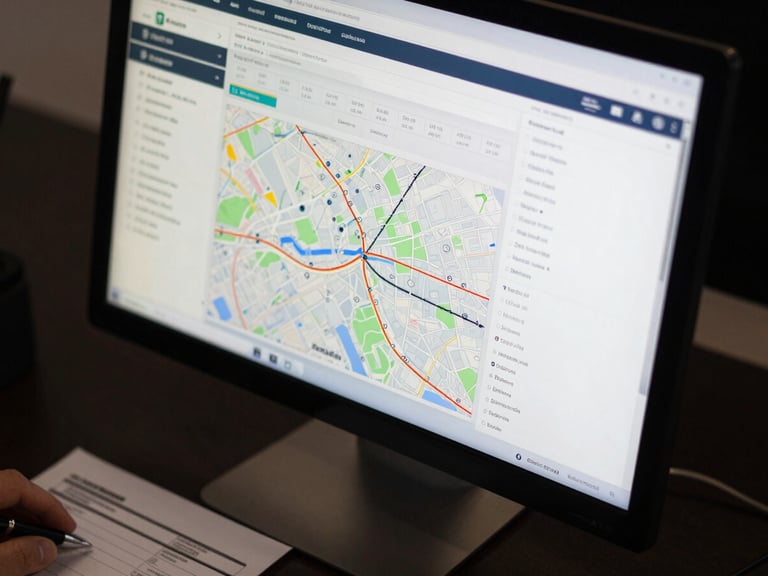 Close-up overhead view of a computer monitor screen displaying a live shipment tracking dashboard with route map, status milestones, and timestamp columns, screen glow reflecting on dark desk surface, a hand holding a pen near a printed shipping document in the lower frame corner, practical office lighting