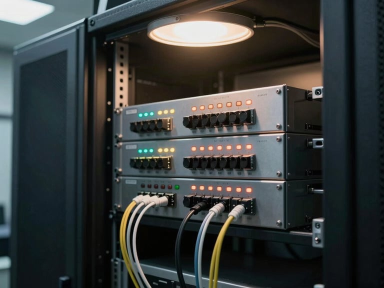 Close environmental shot of a rack-mounted video conferencing codec and patch panel in a server room, indicator lights active, cables dressed neatly, tungsten ceiling lamp casting warm light on steel enclosures, institutional context visible in the background
