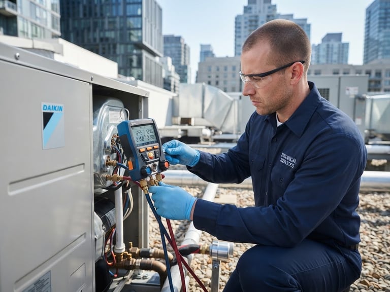 Sharp medium-close up of a certified technician in a clean navy uniform adjusting a digital manifold on a high-end VRF unit, bright crisp daylight, professional HVAC installation.