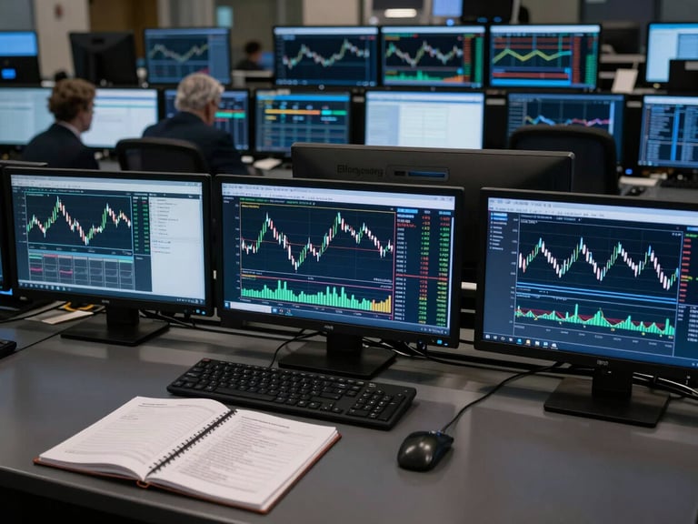 Wide panoramic view of an institutional trading desk at quiet hours, multiple dark monitors displaying candlestick chart structures and order flow heat maps, cool blue ambient light from screens, deep charcoal environment, no people, research notebook and printed charts visible in foreground, overhead angle, Bloomberg terminal aesthetic, photorealistic