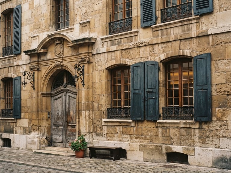 Warm editorial photography of historic stone facade in Geneva, soft overcast daylight, architectural details, 35mm