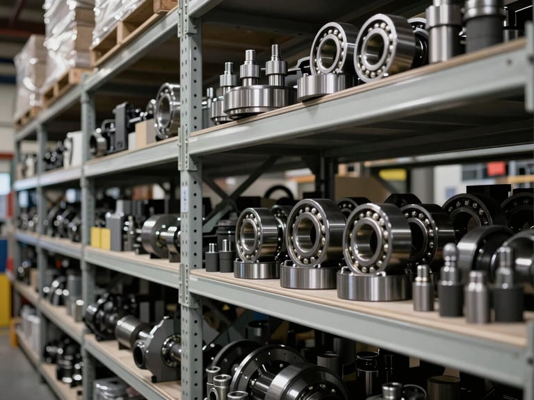 Wide shot of organized industrial warehouse interior, tall shelves filled with various machinery parts, focused on heavy-duty bearings and pneumatic fittings, high-contrast lighting, metallic textures.