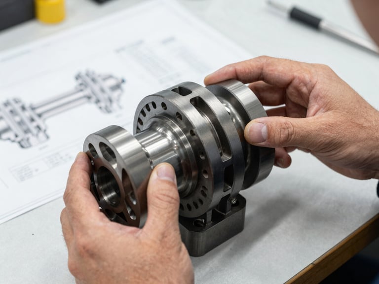 Close-up of an engineer's hands inspecting a complex, custom-machined industrial part on a workbench under bright task lighting, blueprint visible in background.
