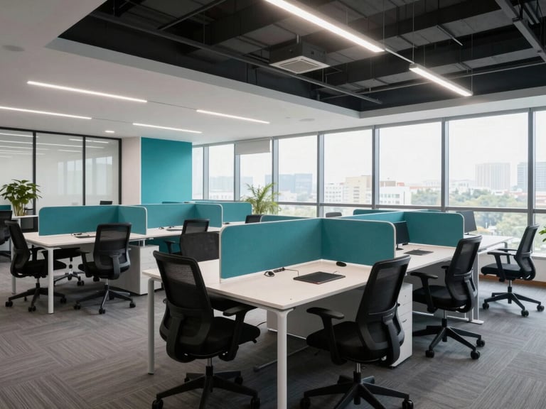 Bright modern office interior in Mohali with technical teal accents, collaborative long tables, ergonomic chairs, natural window light