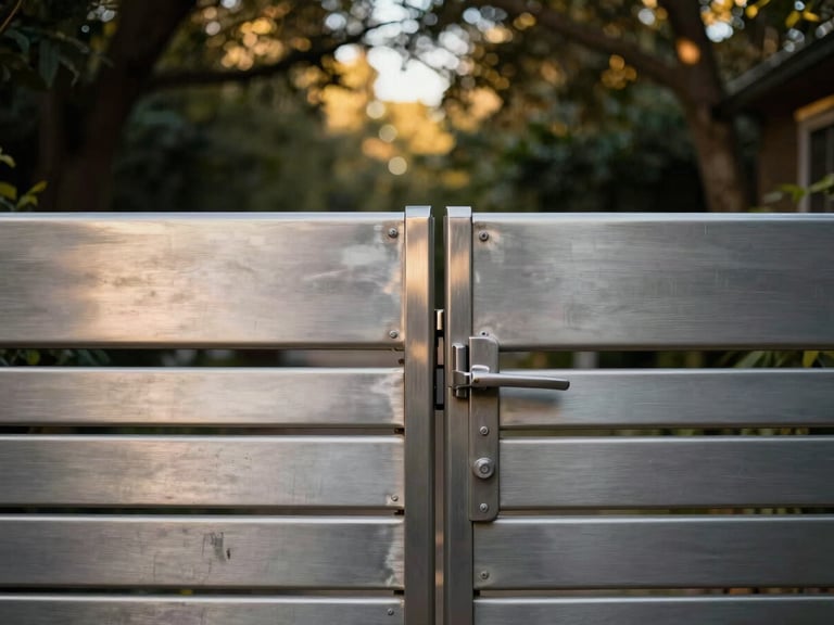 Low-contrast close-up of a brushed steel gate opening into a private estate, soft golden light filtering through dense trees.