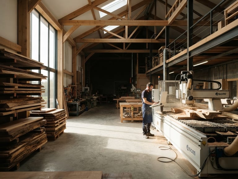 Low-angle architectural shot of a massive, clean industrial joinery workshop, natural side-light illuminating precision CNC machinery and stacks of raw hardwood.