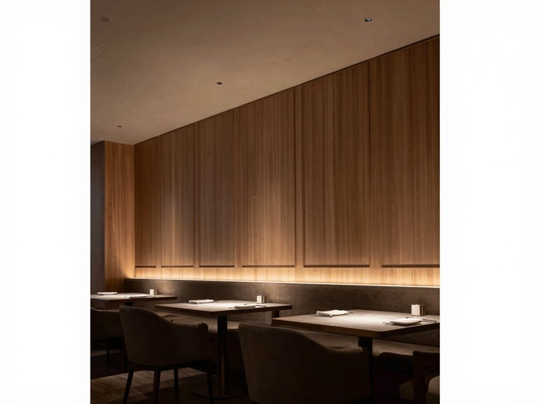 Low-angle architectural shot of a luxury restaurant interior, warm ambient lighting, custom wooden wall paneling, deep shadows, premium furniture