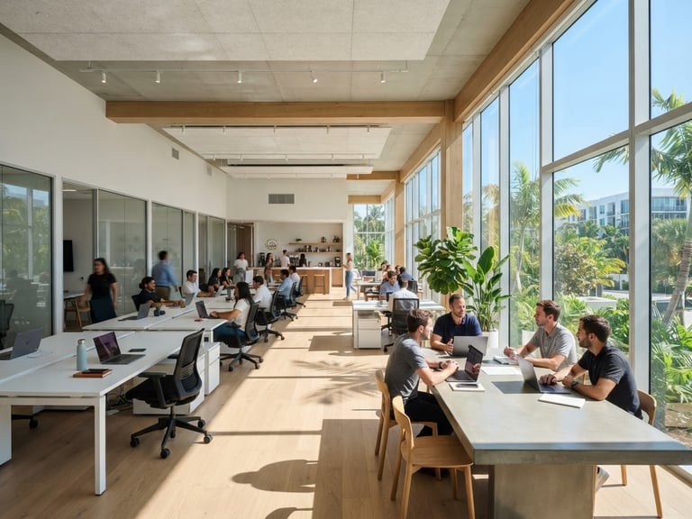 Bright architectural photography of a modern minimalist office interior in Florida, natural daylight, crisp clean shadows, wide angle lens