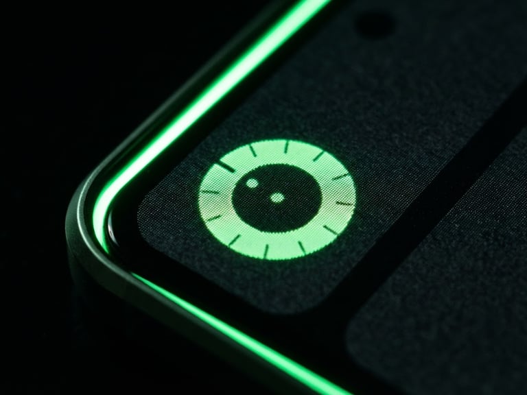 Extreme close-up macro shot of a custom Android UI on a physical screen, vibrant green neon edge-lights casting sharp highlights, low-key dark studio atmosphere, high-contrast tech photography, 50mm lens