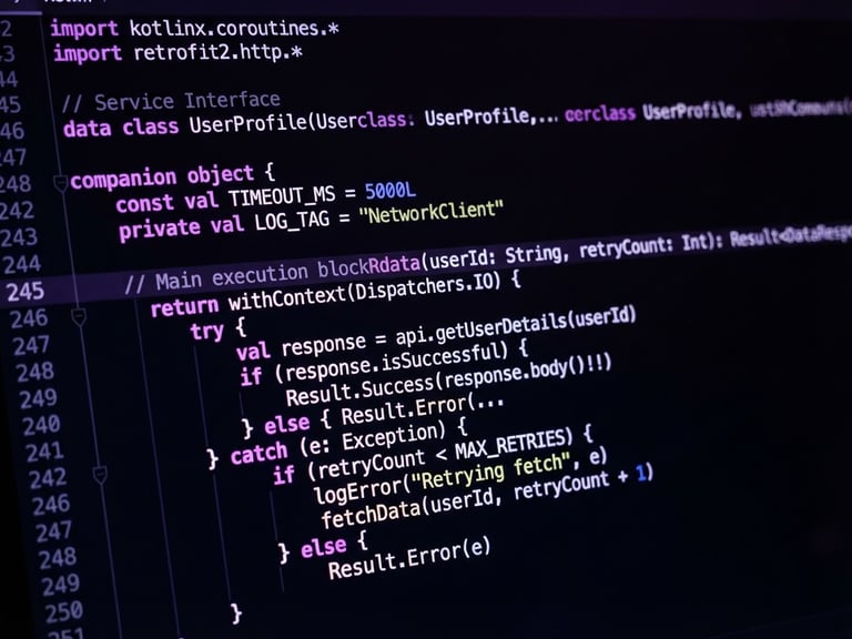 Extreme close-up of a high-resolution Android screen displaying a custom Kotlin code editor with neon purple syntax highlighting, dark moody studio atmosphere.