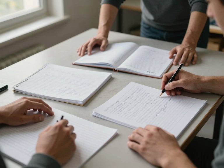 Close overhead view of a workshop table in active use—printed workbooks open, handwritten notes visible, two sets of hands reaching across the table, natural window light from the upper left, no faces visible, institutional meeting room context