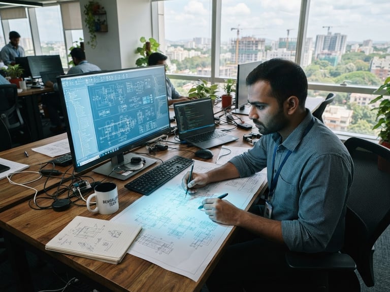 High-angle editorial shot of a technical workstation in Bengaluru, cool screen glow reflecting on blueprint diagrams, bright natural window light, 35mm