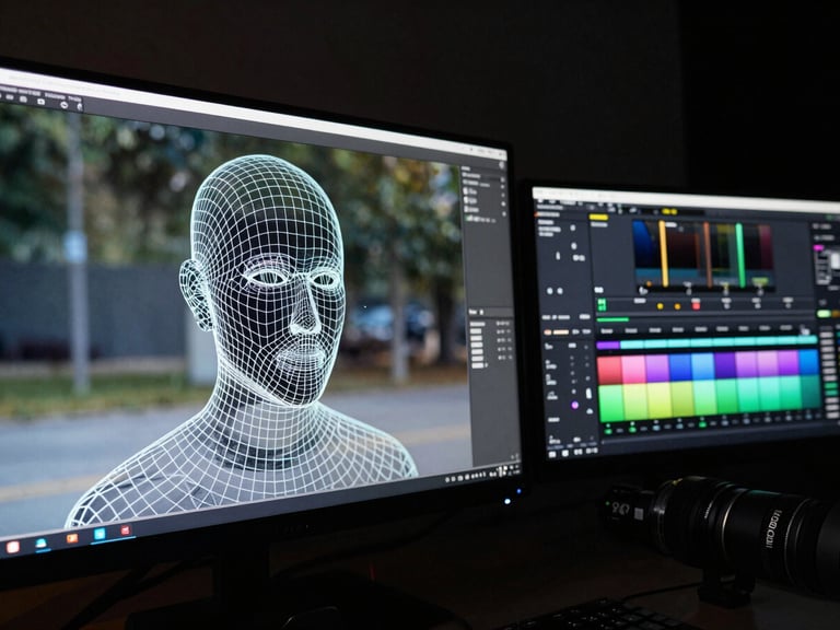 Behind-the-scenes VFX breakdown showing a wireframe mesh overlaid on a live-action plate, side-by-side comparison on a professional color-grading monitor in a dark studio bay.