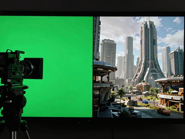 Behind-the-scenes VFX breakdown showing a split screen of a green-screen studio shoot on the left and the fully composited cinematic sci-fi city on the right