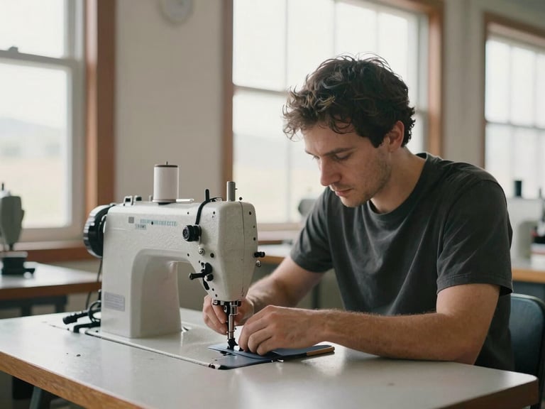 A skilled craftsman adjusting a heavy-duty sewing machine in a bright Wyoming workshop, soft natural light streaming through large windows, industrial details.
