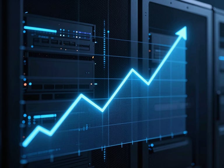Abstract data visualization with a rising graph in neon-indigo, overlaid on a server environment, low-key moody studio lighting.