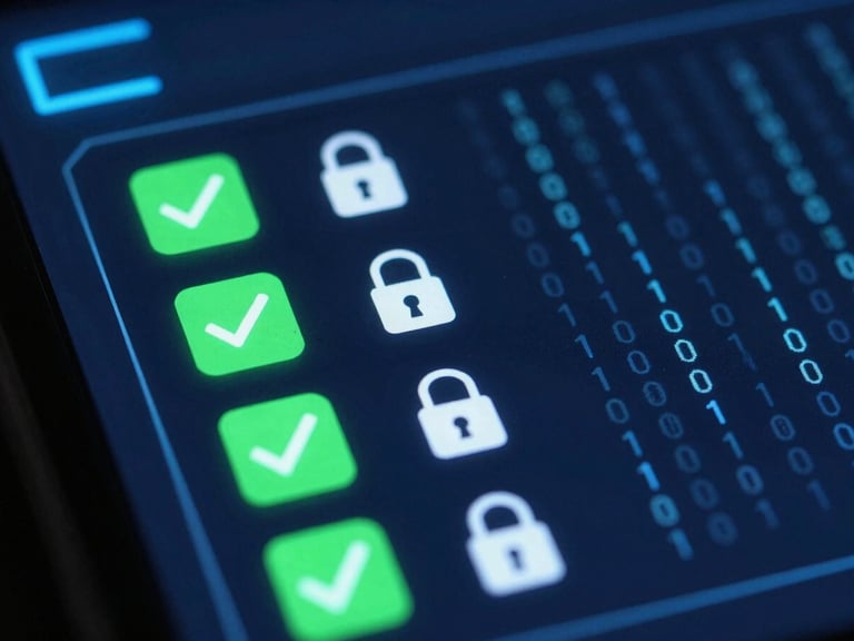 Macro shot of a digital transaction interface with glowing green checkmarks and secure lock icons, abstract binary code in the background, neon blue accents