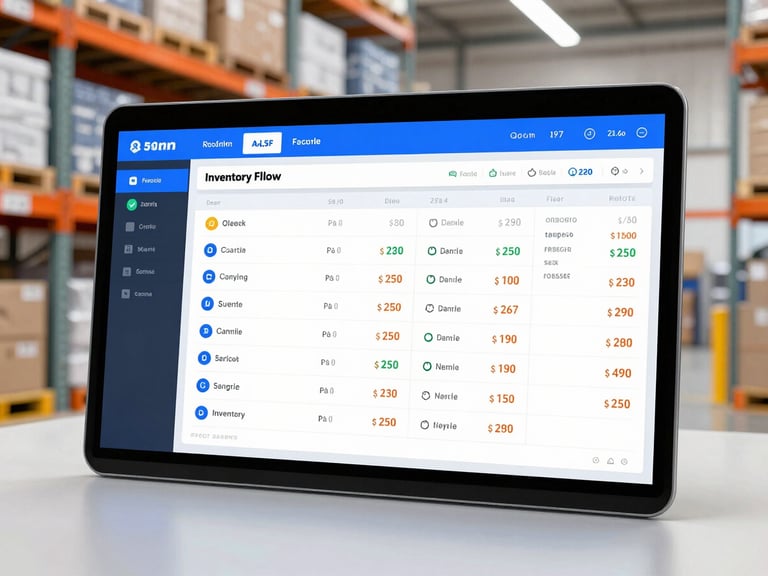 Crisp digital dashboard mockup showing clean inventory flows, stock levels, and real-time scanning data with modern UI elements.