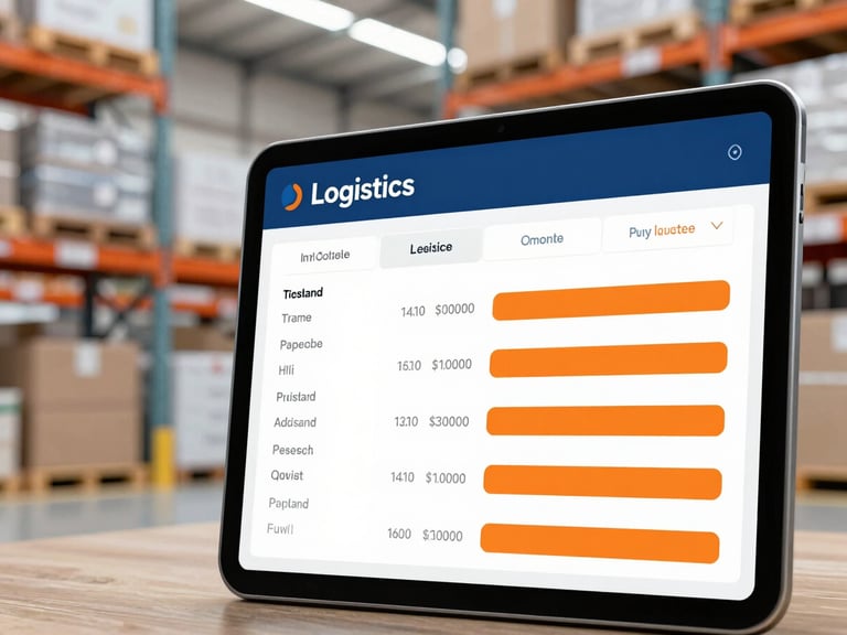 Close-up of a modern tablet displaying a clean logistics dashboard mockup with order flows and orange status bars, bright warehouse background.