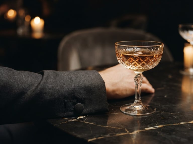 Elegant close-up of a silk cuff and a crystal glass on a dark marble table, warm ambient candlelight, luxury editorial photography, 35mm