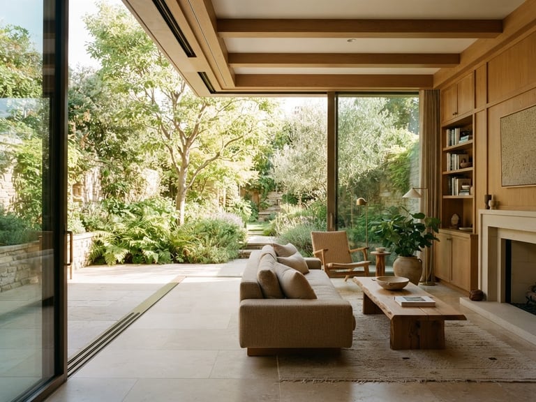 Warm architectural residential interior with a flush threshold leading to a sunlit garden, smooth oak details, soft sand-colored stone floor, bright natural daylight, 35mm.
