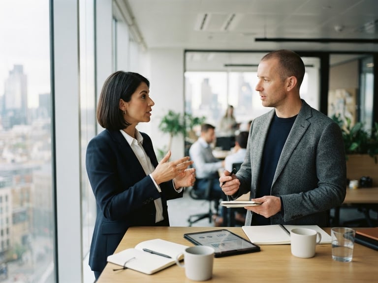 editorial corporate photography, modern bright office, two professionals in an unposed strategic discussion near a window, soft natural daylight, shallow depth of field, 35mm