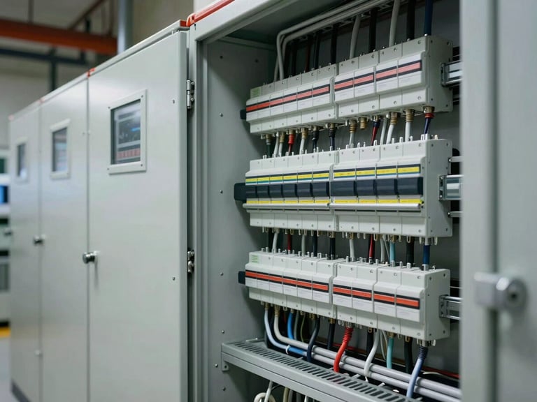 Close technical detail shot of an electrical distribution room inside a completed commercial building — cable trays, circuit breaker panels, conduit runs, photographed under site tungsten lighting, no people, precision installation visible