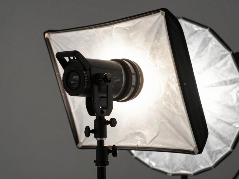 Close-up of a photography studio strobe head mounted on a C-stand, large rectangular softbox attached, silver reflector visible in background, clinical studio lighting, no people, shot from below looking up at the light source