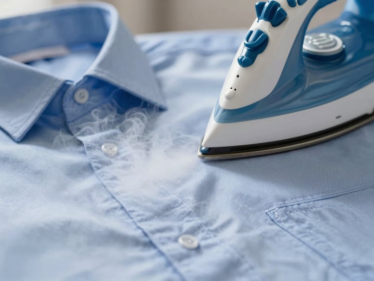 A professional steam iron emitting a clean white cloud of vapor over a crisp blue cotton shirt, bright daylight, focused on fabric texture.