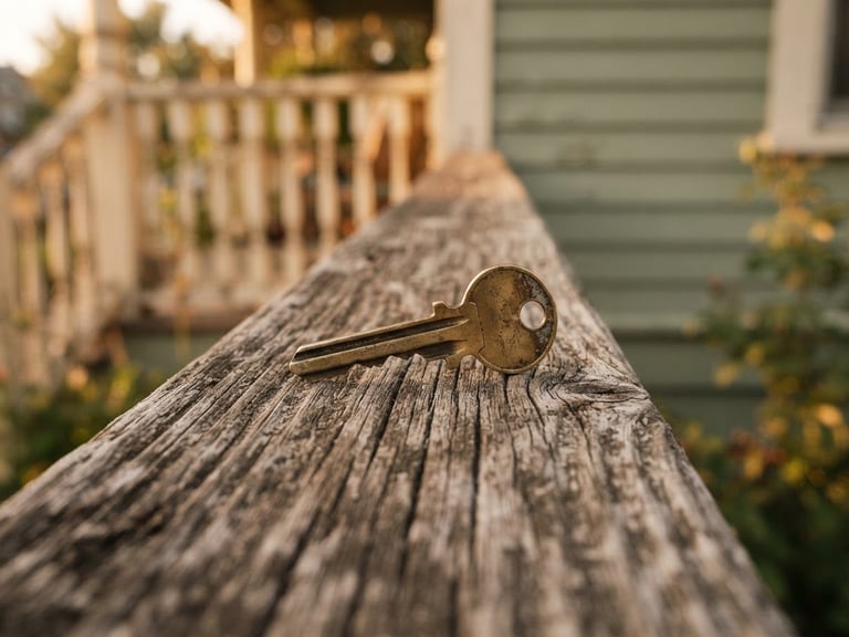 A close-up of a brass door key resting on a weathered wooden porch railing, soft golden hour light, authentic editorial style.