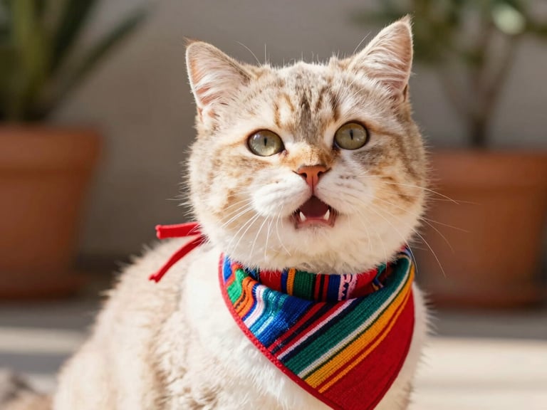 Vibrant pet photography, close-up of a happy fluffy cat wearing a colorful handcrafted Mexican style bandana, warm natural daylight, shallow depth of field