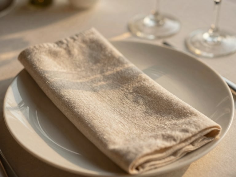 Close-up of an elegant, minimalist table setting, delicate champagne linen napkin, textured ceramic plate, soft golden hour light, shallow depth of field, 35mm photography