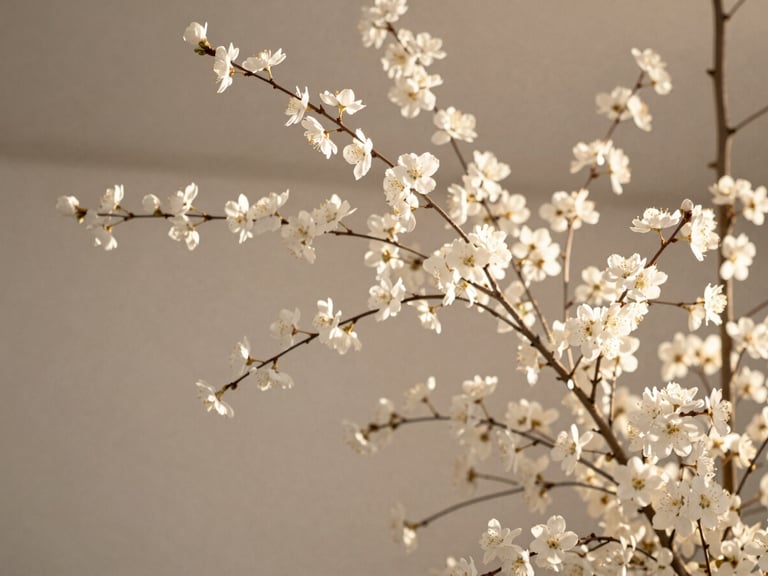 Close-up of an architectural floral installation with white delicate blossoms and branches, neutral background, soft diffused natural light