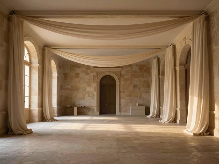 Wide-angle shot of a grand historic French chateau hall transformed with minimalist modern lighting and elegant fabric drapes, warm soft lighting