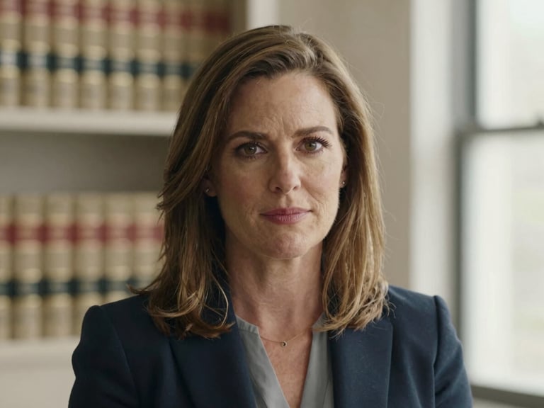 Medium close-up portrait of Eleanor Vance, a female attorney with warm, direct gaze, in a naturally lit modern office, soft focus background of legal books, muted navy and cream tones.