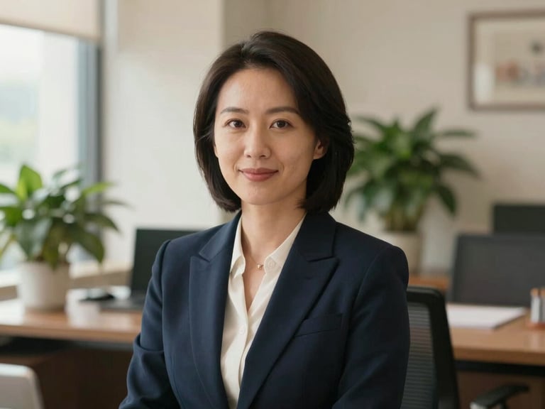 Medium close-up portrait of Sophia Chen, a female attorney with a confident, approachable demeanor, in a naturally lit office, soft focus background of a warm office interior with plants, muted navy and cream tones.