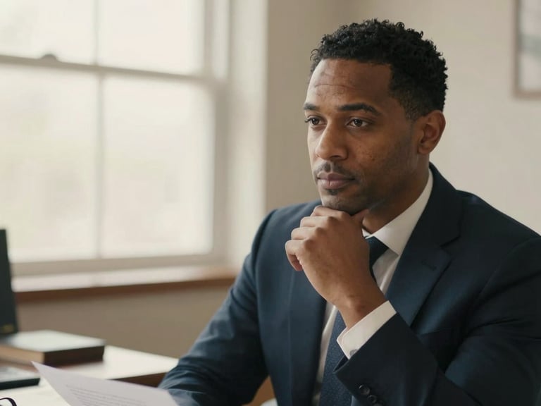 Medium close-up portrait of Marcus Sterling, a male attorney with a thoughtful, composed expression, in a naturally lit office, soft focus background of a signed document on a desk, muted navy and cream tones.