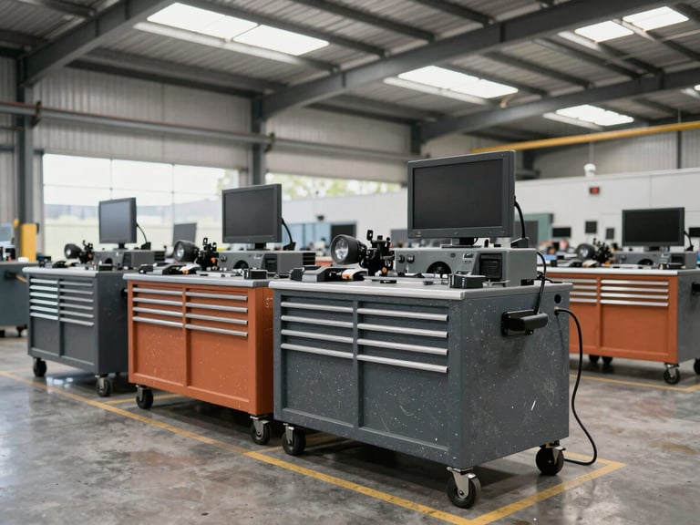 Medium wide environmental shot of a clean Australian manufacturing facility with structured tool storage, natural warehouse daylight, sharp focus, 35mm lens