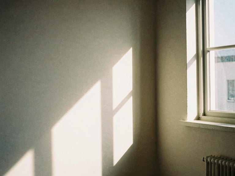 Warm editorial film photography of a quiet sunlit corner in an artist loft, soft directional window light, painterly muted tones, medium format 120mm