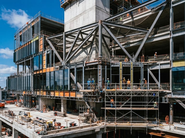 Crisp architectural photo of a modern commercial build mid-construction, high-contrast daylight, deep physical shadows, sharp focus, 35mm.
