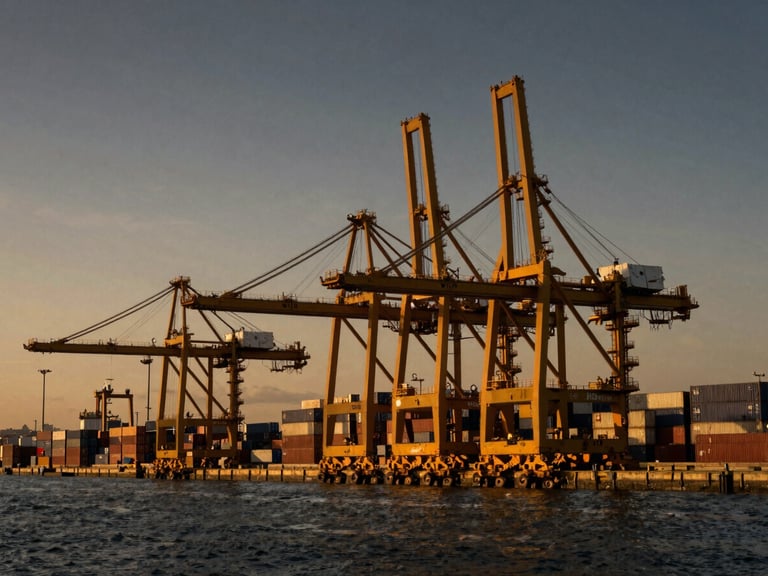 Wide environmental shot of an industrial deep-water port at sunset, towering golden gantry cranes casting long shadows over stacked shipping containers, cinematic lighting