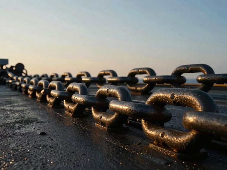 Close-up of heavy steel anchor chains on a vessel deck, golden hour sunlight highlighting the metallic texture and absolute strength of the equipment, high contrast