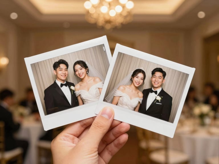 Laughing bride and groom holding high-quality physical photobooth prints, warm ambient indoor lighting, soft focus background, elegant wedding attire