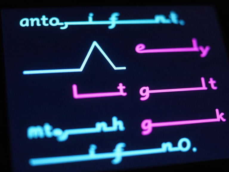 Karanlık bir ortamda neon magenta ışıkla aydınlatılmış, bir tablet üzerinde çizilmiş ayrık matematik grafiği, mantıksal proof.
