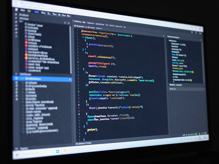 Low-key dramatic studio shot of a high-resolution screen displaying complex codebases, cool blue and neutral white accents, sharp macro focus, 35mm