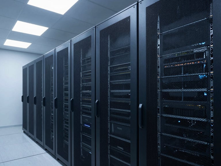 Wide-angle architectural view of a modern server room, cool blue and neutral white lighting, deep slate tones, structured geometric lines