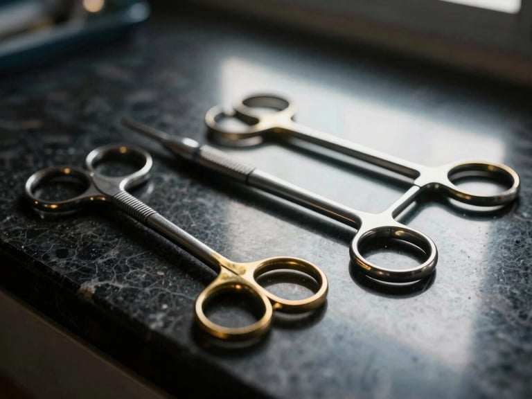 Macro close-up of surgical steel instruments resting on a dark marble counter, sharp directional window light, deep shadows, gold accents, cinematic 35mm